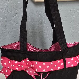 Chic Black Quilted Tote with Pink Polka Dot Accents